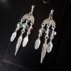 Handmade & Unique! Feathers + Shimmering Beads! Boho Dangle Chandelier Earrings